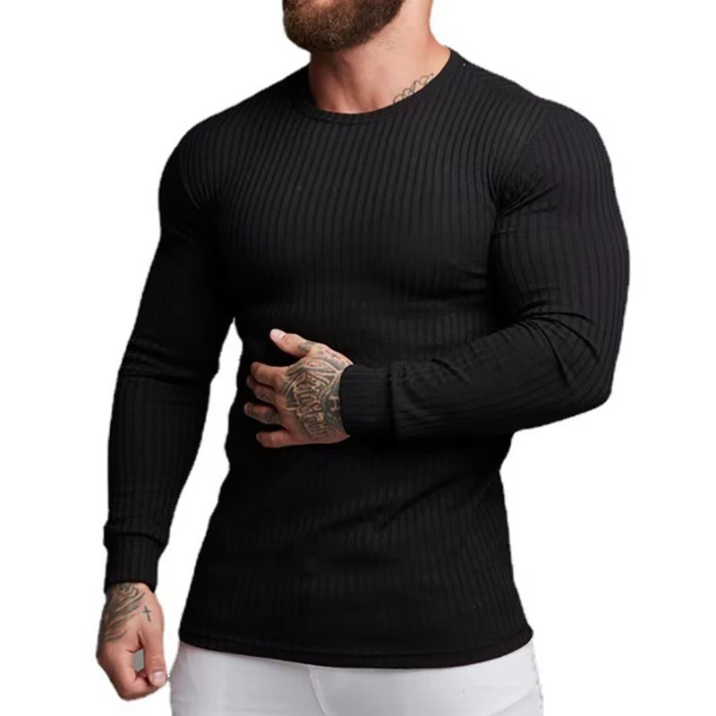Men's slim-fit long sleeve knit fitness shirt in neutral tone with moisture-wicking quick-dry fabric