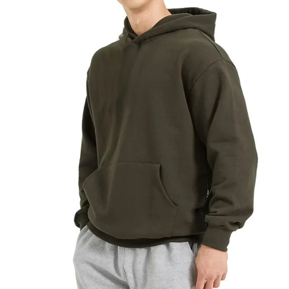 Men's loose fit casual cotton hoodie in neutral tone with soft breathable fabric for everyday comfort