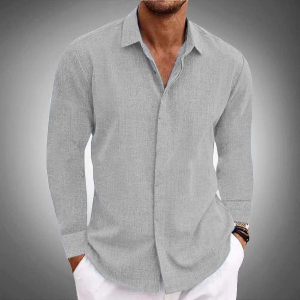 Men's linen long sleeve button-down shirt with lapel collar, breathable casual solid color fit