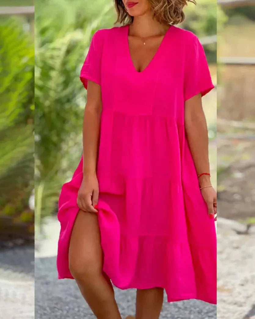 Julie tiered V-neck cotton dress women relaxed A-line silhouette breezy casual summer everyday wear