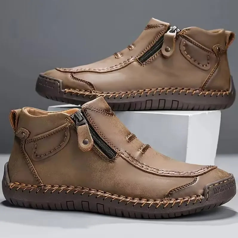 Men's brown premium leather Derrington boots side zip closure hand-stitched detailing cushioned sole