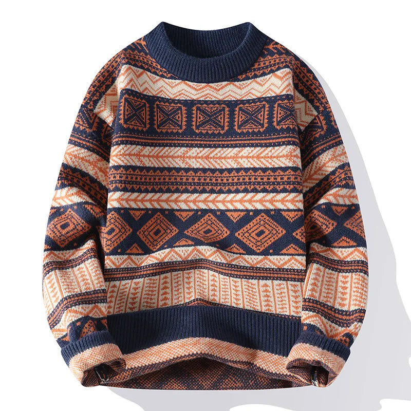 Geometric vintage knit sweater unisex relaxed fit with intricate retro layered motifs cozy texture