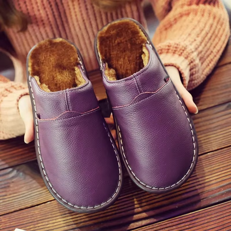Unisex waterproof leather plush slippers warm brown indoor house shoes plush-lined cozy fit