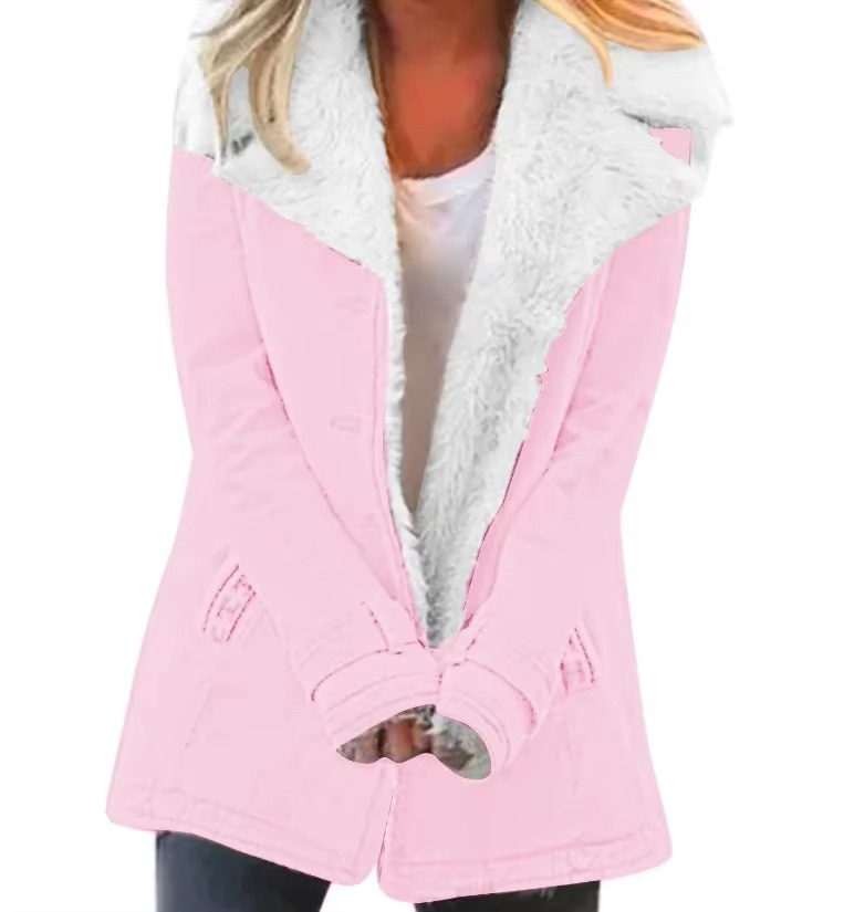 Women's plush lapel coat jacket cozy polyester blend chic parka for autumn winter warmth