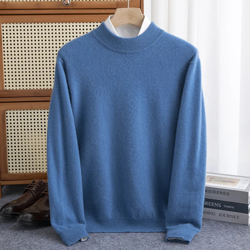 Men's wool pullover sweatshirt cozy fit half high neck ribbed cuffs casual warm style