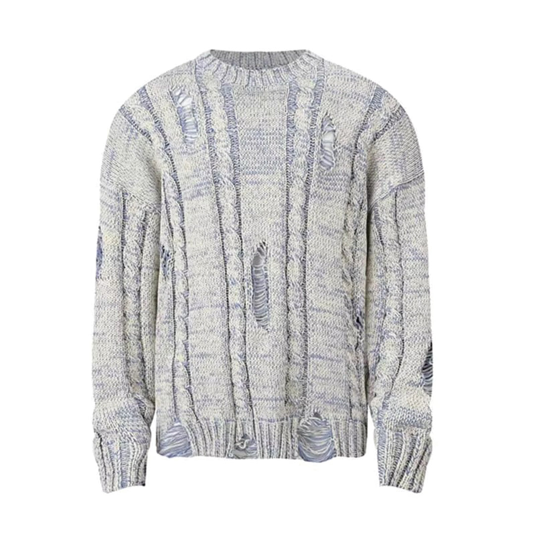 Men's distressed cable knit sweater relaxed fit O-neck casual beige everyday staple