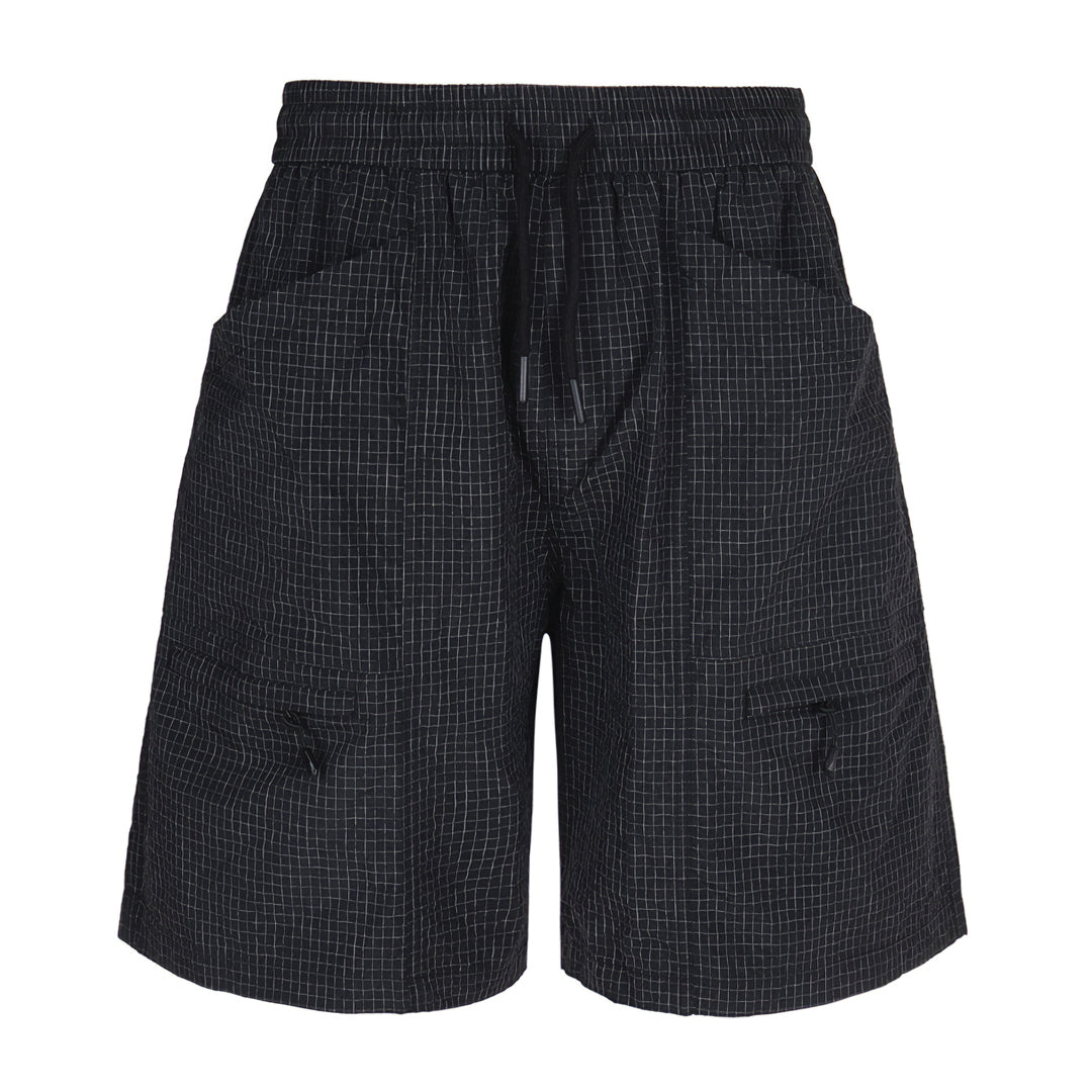 Men's pixel grid cargo shorts lightweight checkwoven fabric loose fit zip pockets vibrant multicolor pattern