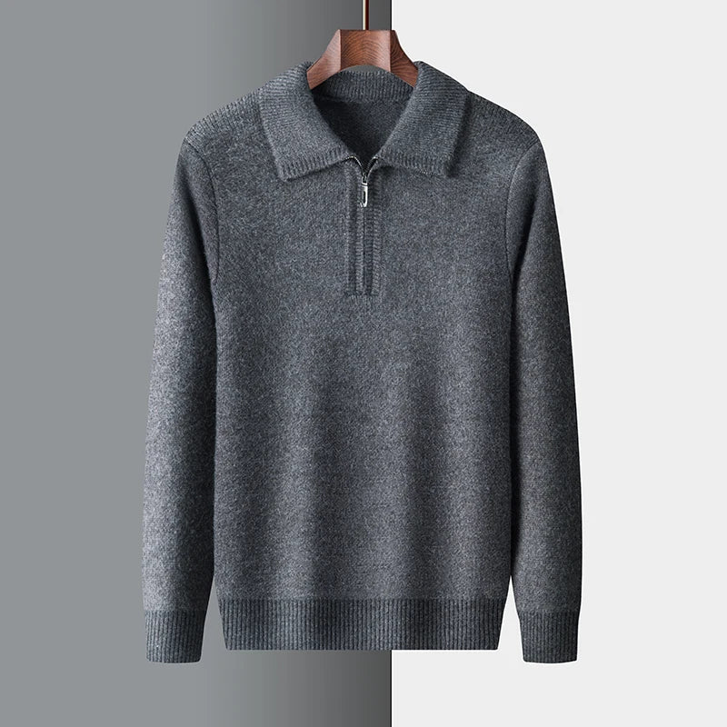 Men's minimalist half-zip knit sweater with stand collar, clean lines, versatile smart-casual layering