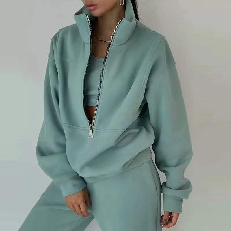 Women's casual tracksuit half-zip pullover high collar loose fit pants comfortable loungewear set