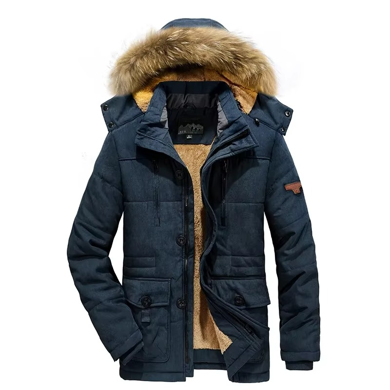 Men's dark winter parka jacket thick fleece-lined hooded coat for cold weather hiking