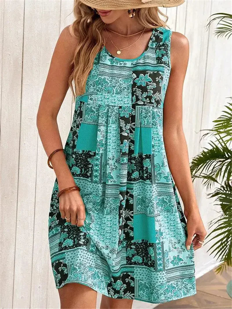Women's sleeveless A-line dress in soft woven fabric, breezy scoop neckline summer travel style