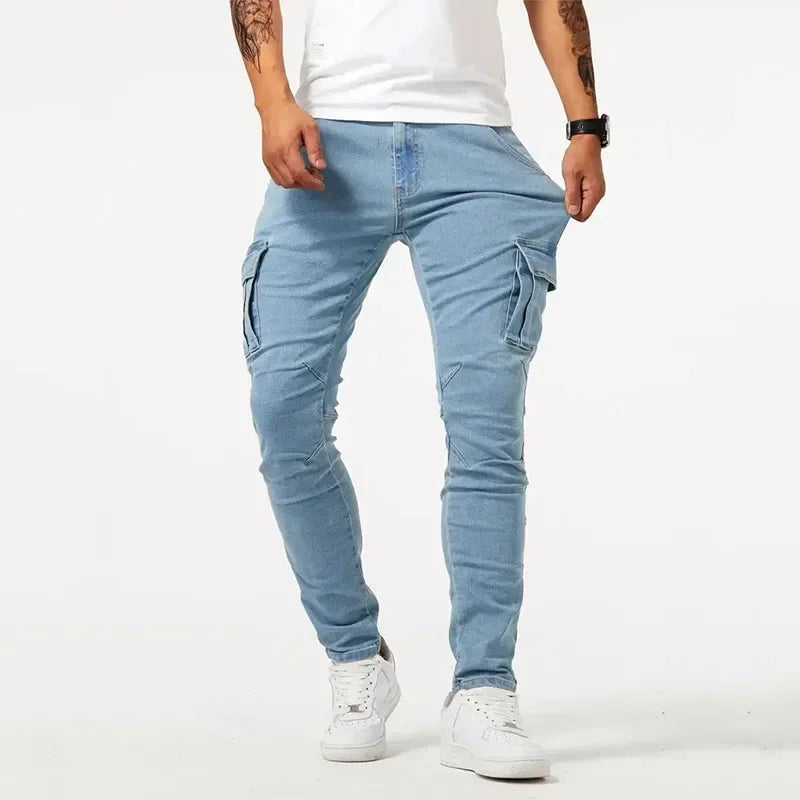 Unisex tapered stretch denim jeans navy blue ribbed paneling tailored seams bold street style
