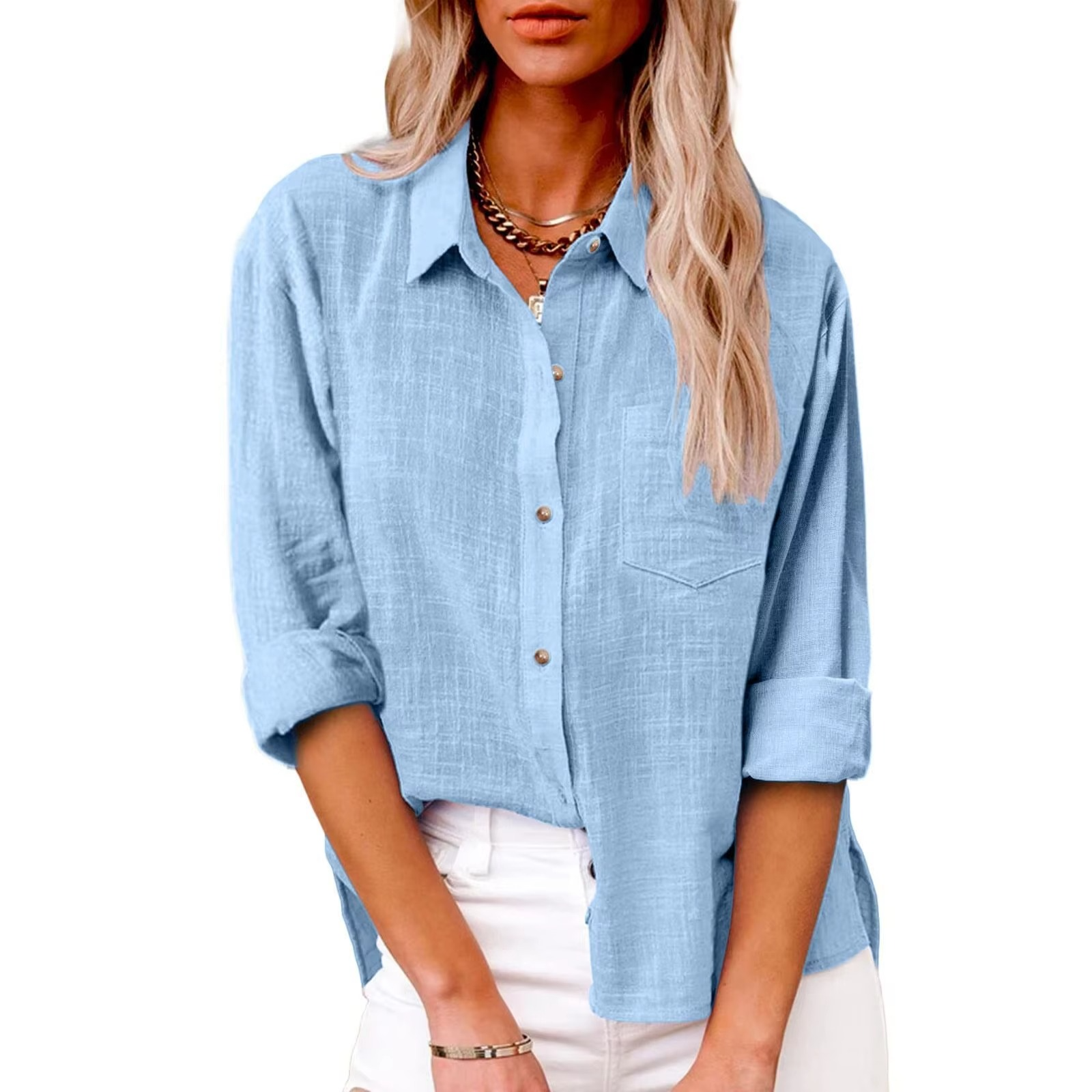 Women's cotton linen long sleeve casual blouse, breathable lightweight spring top with relaxed elegant fit