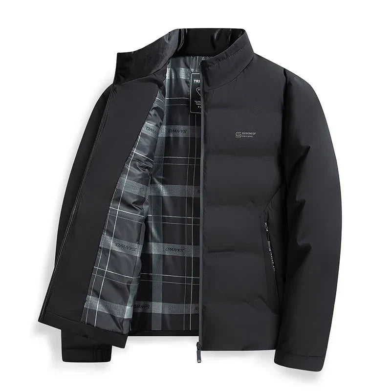 Navy blue slim fit quilted down jacket with mandarin collar and lightweight shell insulation