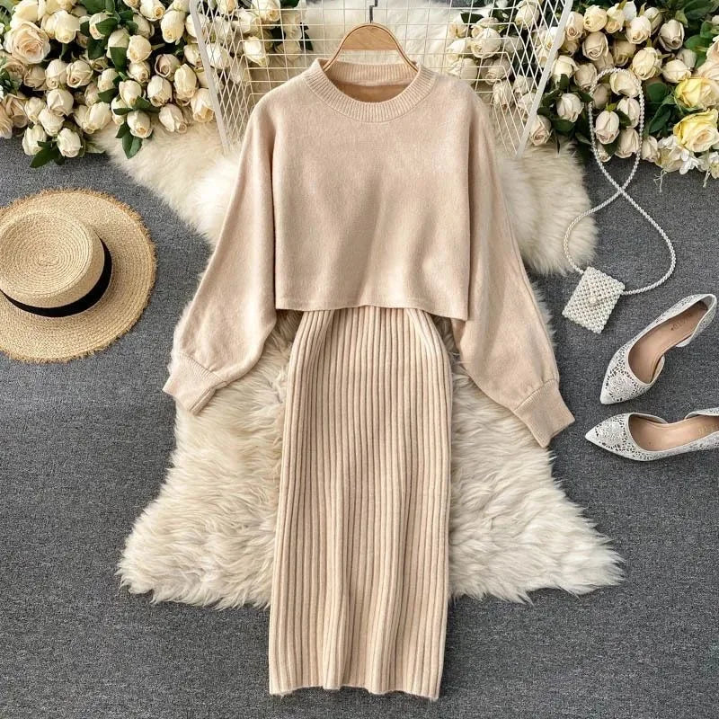 Women's cozy knitted dress and sweater set in neutral tones with batwing sleeves for all-day elegance