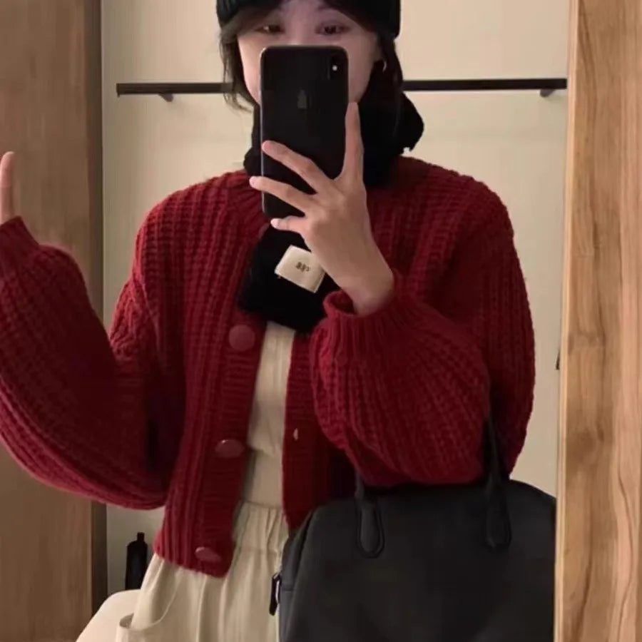 Women's cropped wool knit cardigan balloon sleeves button front loose relaxed fit everyday style