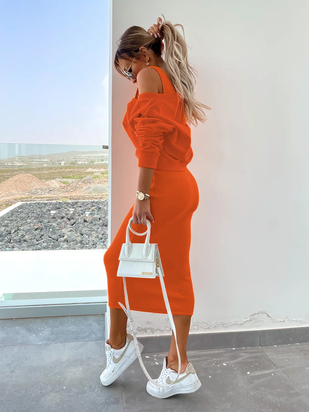 Women's sleeveless ribbed midi dress V-neck stretch knit cotton blend versatile everyday wear