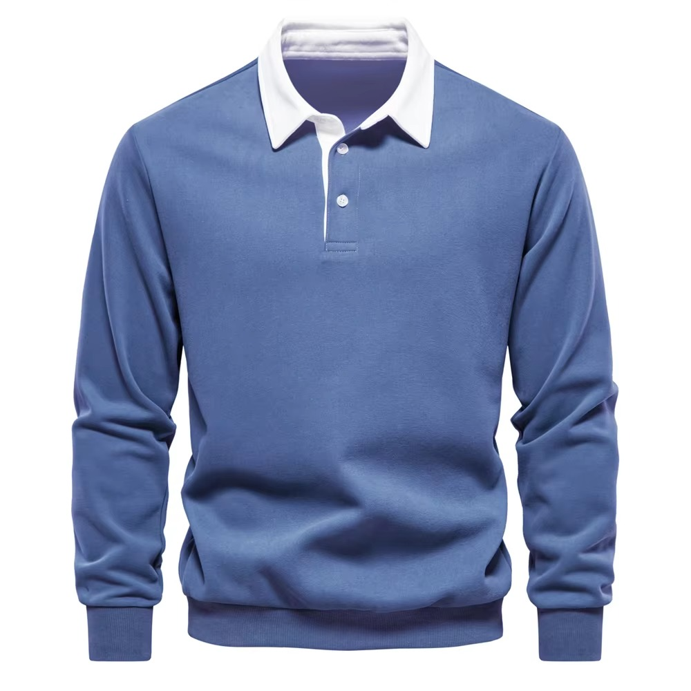 Men's navy blue polo neck cotton sweatshirt with classic collar, versatile work-to-weekend relaxed fit