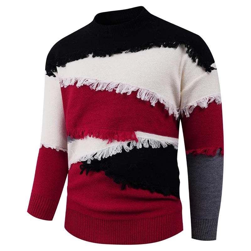 Men's colorblock stripe knit sweater with bold textured fringe detail in streetwear style