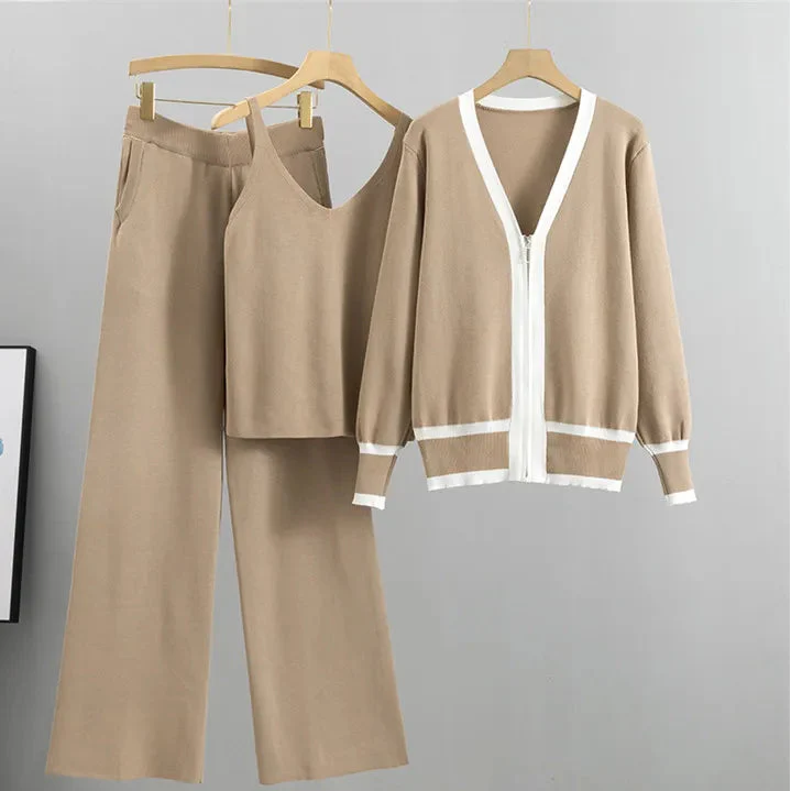 Women's relaxed fit zip-front cardigan and wide-leg pants matching set in neutral tones