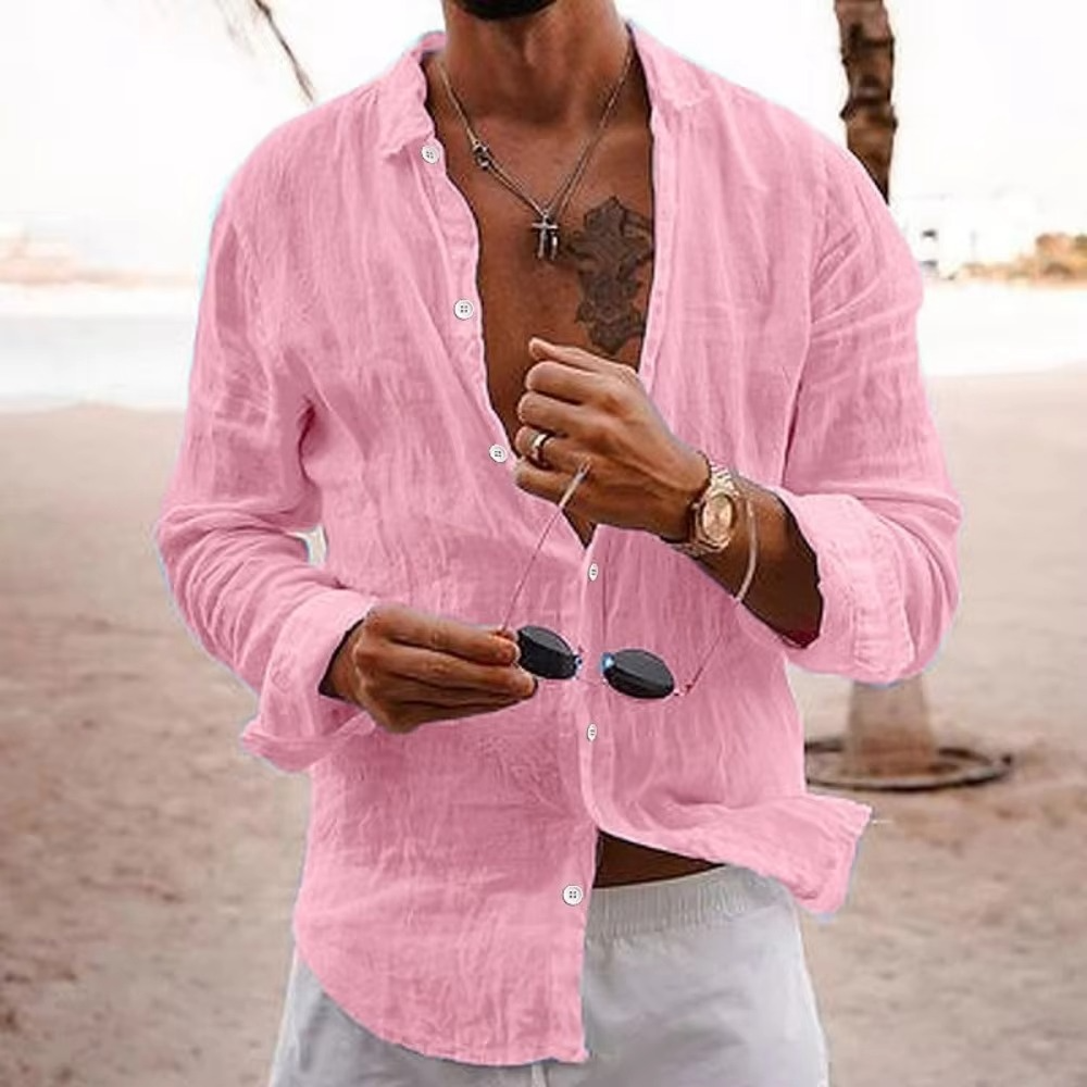 Men's cotton linen relaxed fit casual shirt breathable lightweight natural drape everyday vacation wear