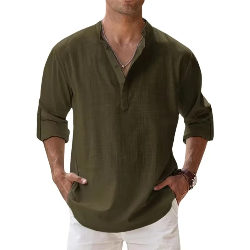 Men's beige cotton linen Henley shirt, lightweight long sleeve with 3-button placket for beach summer