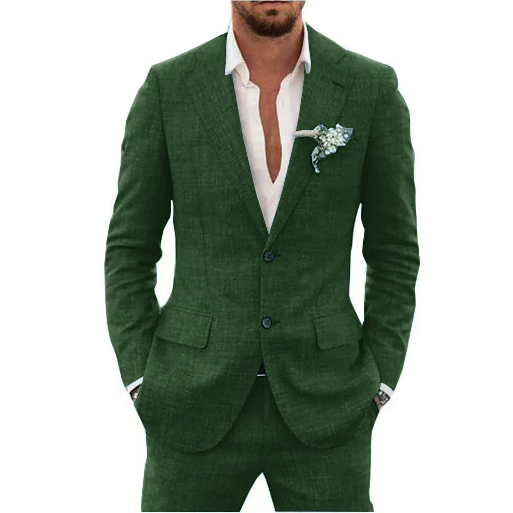 Men's slim fit two-piece wedding suit in classic tone with peaked lapel jacket and matching trousers