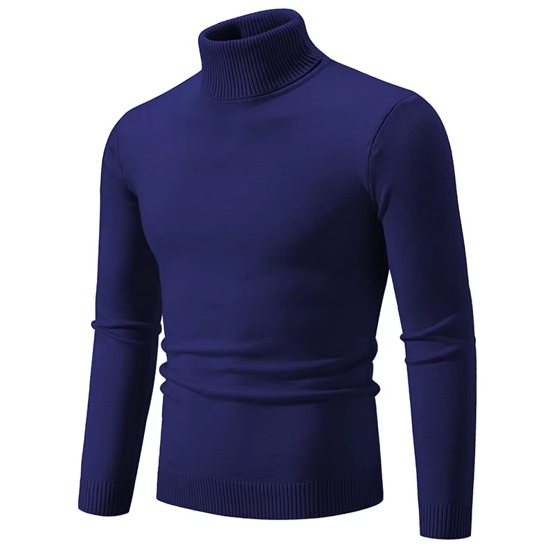 Men's slim fit turtleneck sweater in thick knit acrylic blend, warm winter essential with ribbed collar