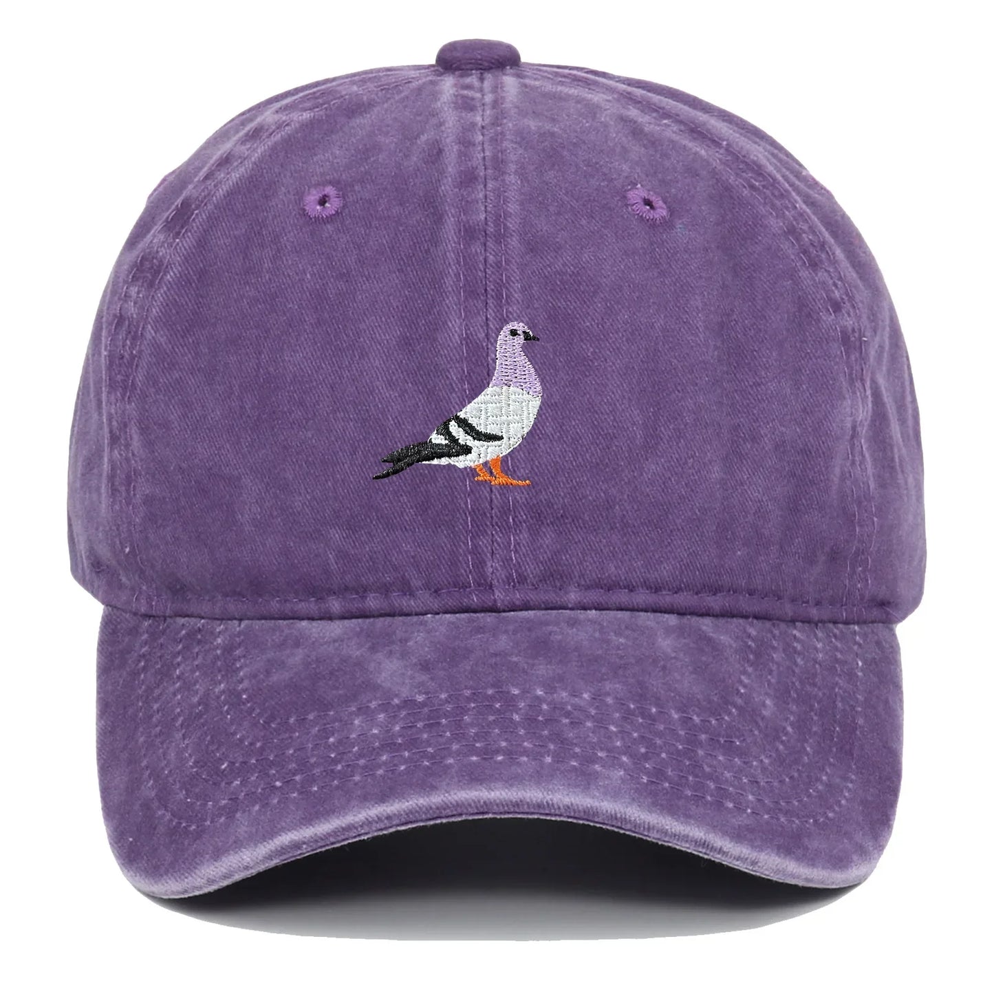 Washed cotton unisex cap in vintage tones with embroidered pigeon motif and adjustable fit