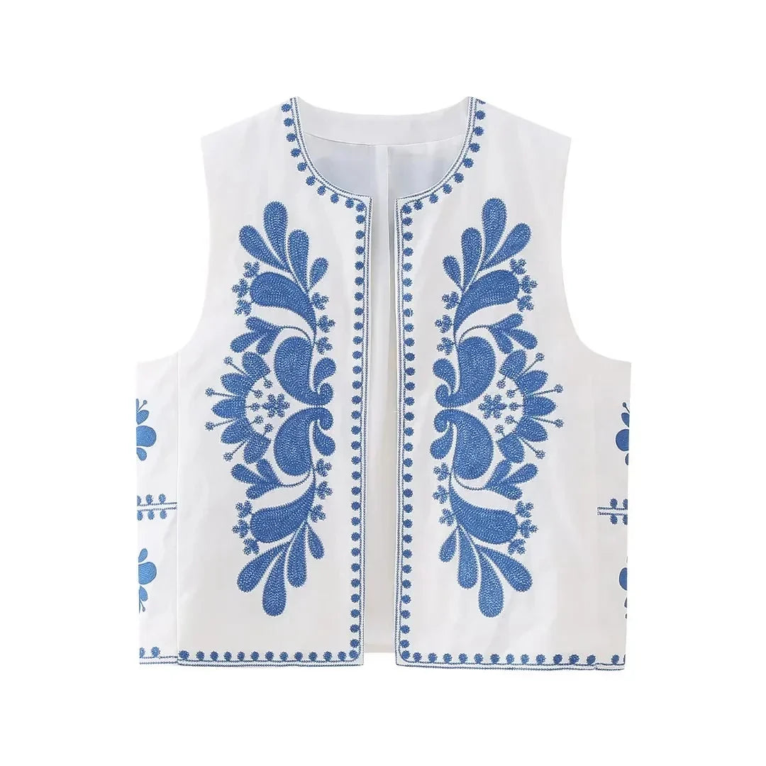 Women's sleeveless floral embroidered vest elegant layering top with intricate botanical detailing