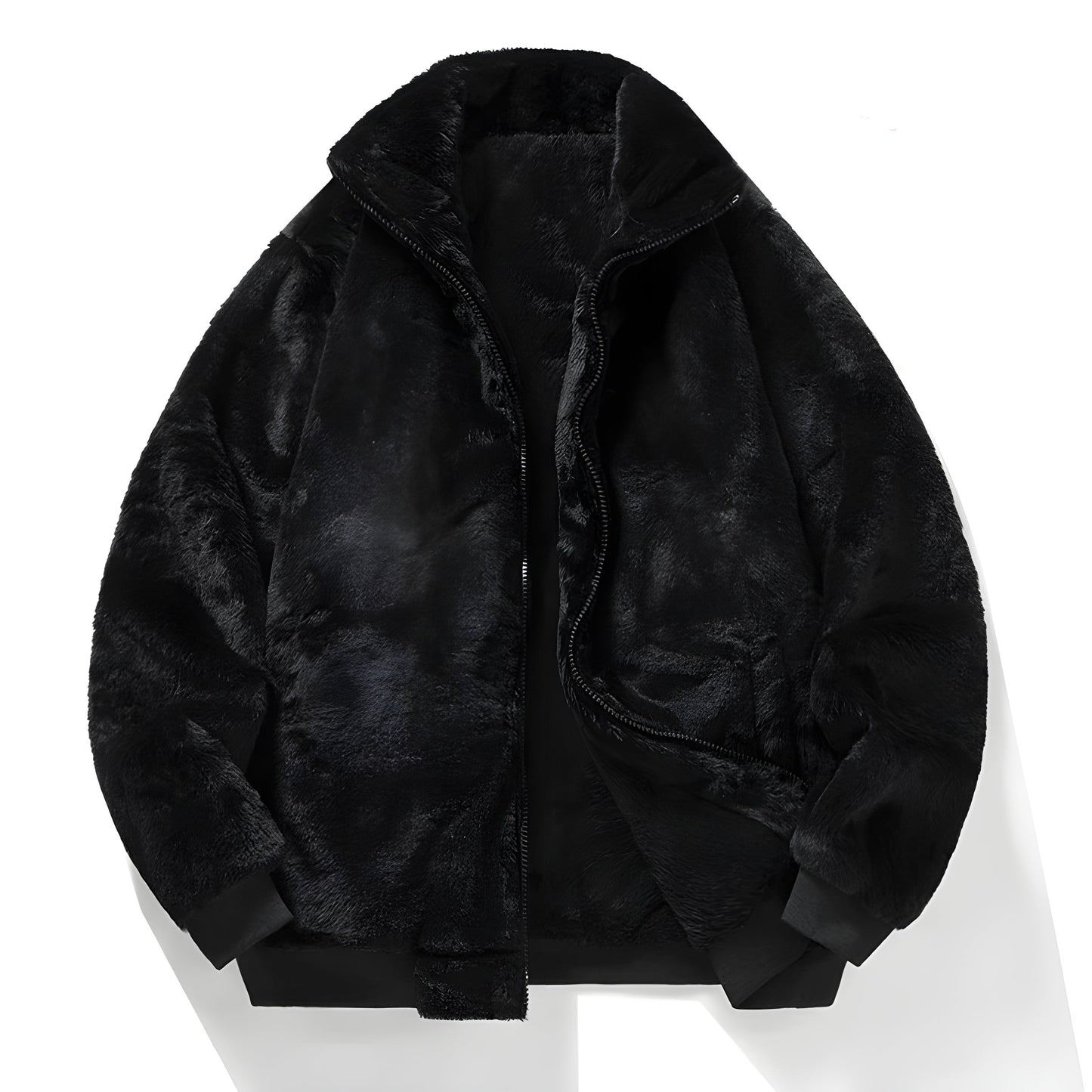 Men's black faux fur lined bomber jacket with ribbed cuffs, ultra-cozy winter style