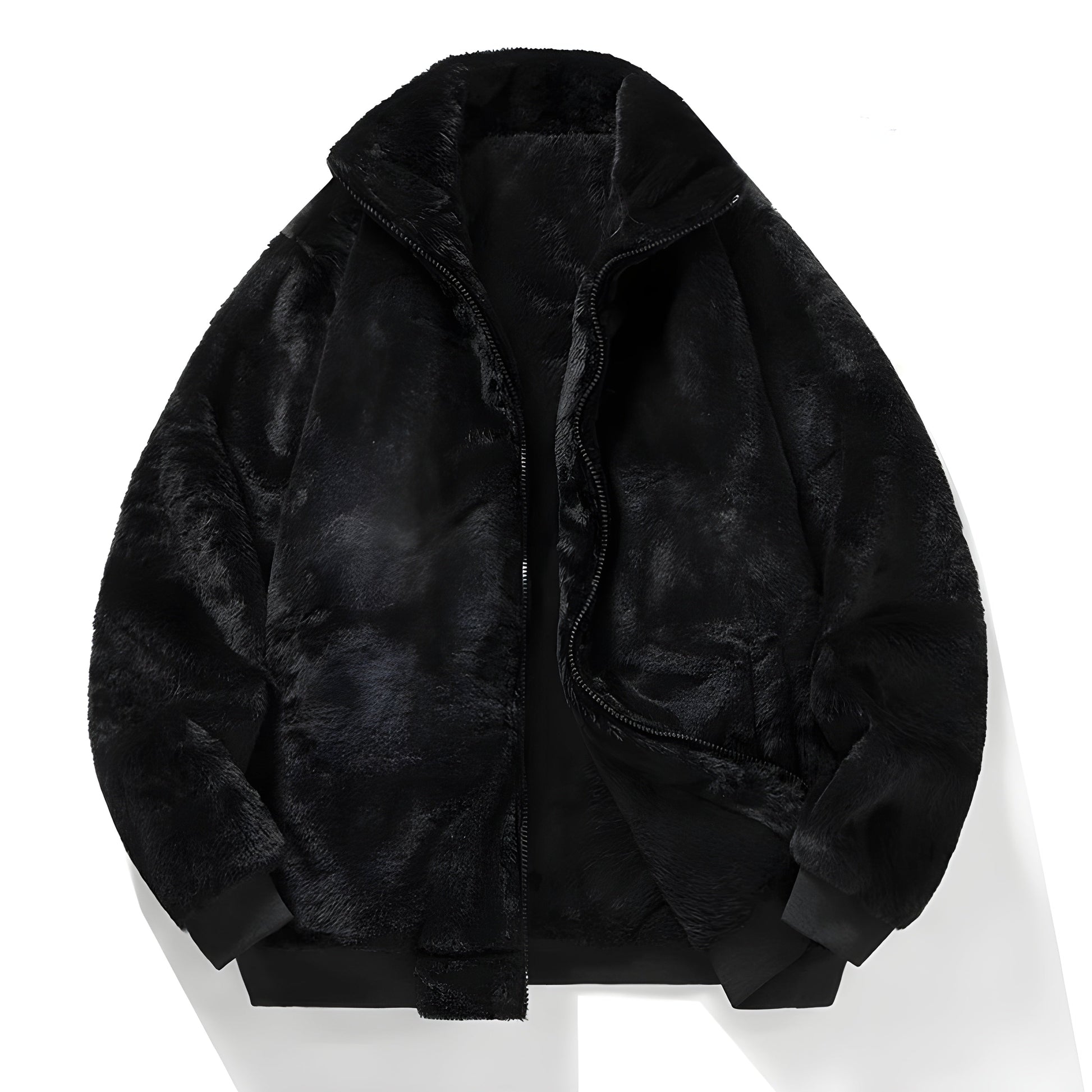 Men's black faux fur lined bomber jacket with ribbed cuffs, ultra-cozy winter style