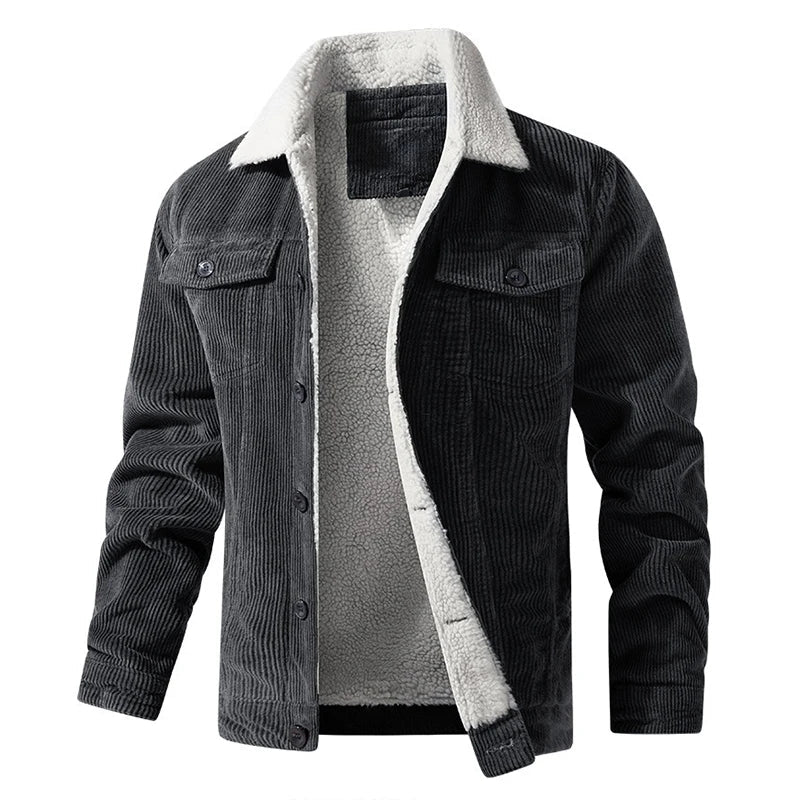 Men's brown corduroy collared fleece jacket casual everyday wear with textured contrast collar