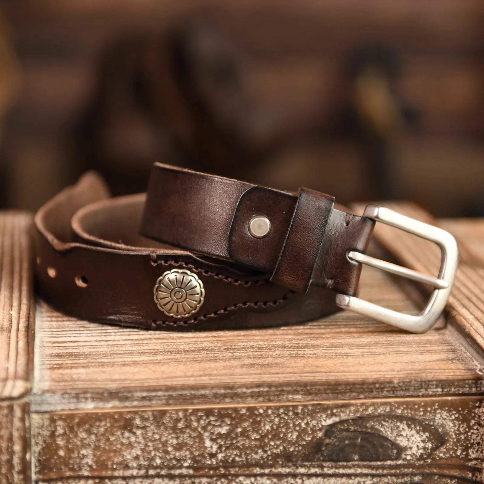 Men's distressed brown cowskin leather Western belt with rugged finish and authentic character