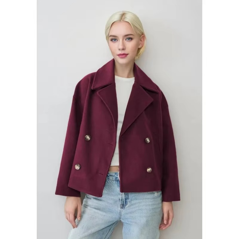Women's short wool blend coat with double button front turn-down collar in chic autumn style