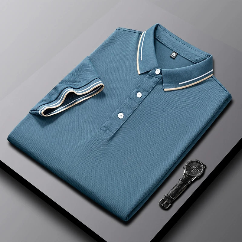 Men's light blue AeroKnit tailored polo shirt with breathable textured knit weave for modern casual style