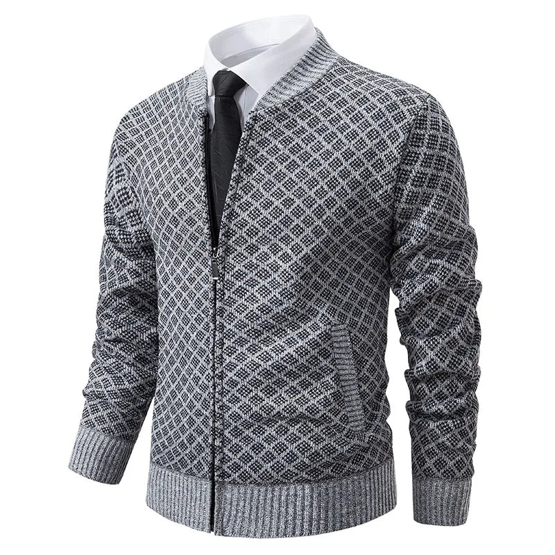 Men's navy blue tailored fit full-zip cardigan jacket with premium textured knit fabric