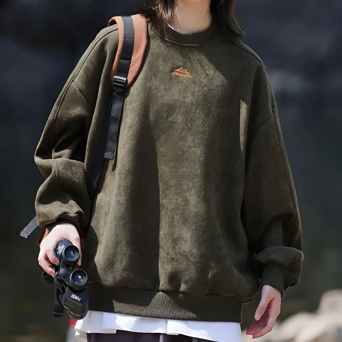Oversized brown suede pullover with plush fleece lining, heavyweight 390g warm cold weather fit