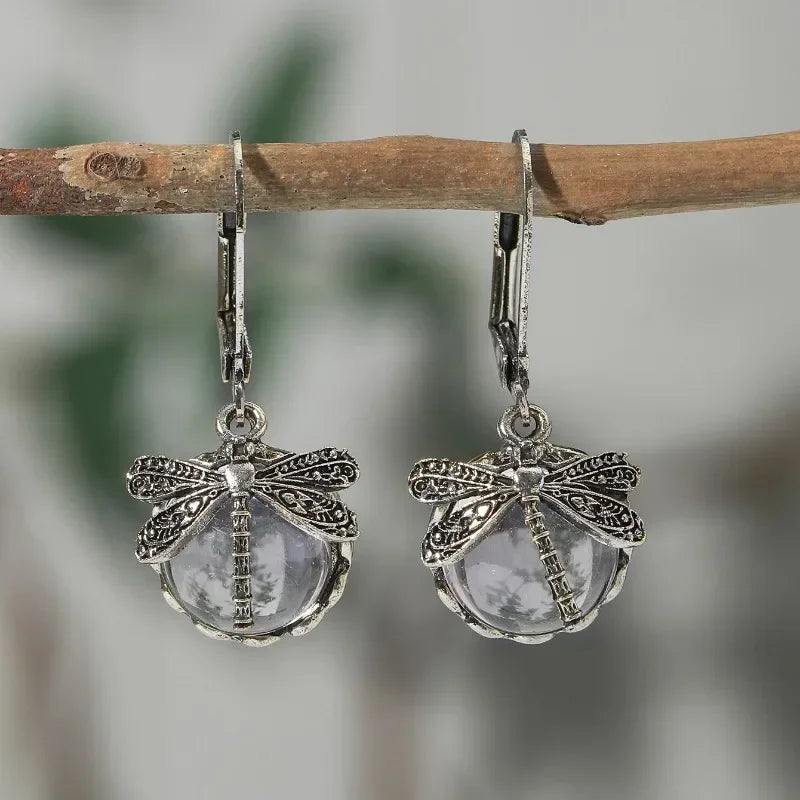 Brass dragonfly antique earrings with pale blue crystal cabochons in lightweight carved vintage gold-tone setting