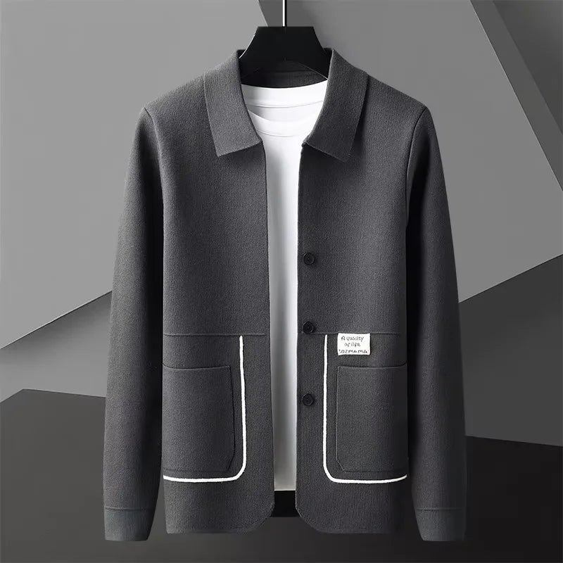Men's gray knitted cardigan tailored fit structured shoulders refined layering essential