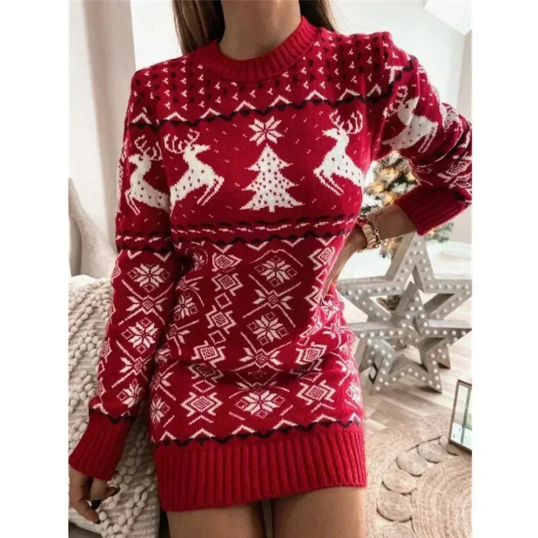 Women's red Christmas knit dress with festive reindeer print, cozy comfort fit for holiday gatherings