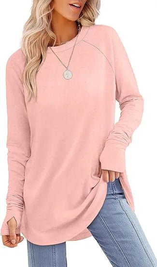 Women's relaxed fit tunic top in soft cotton blend with thumb hole cuffs for everyday comfort