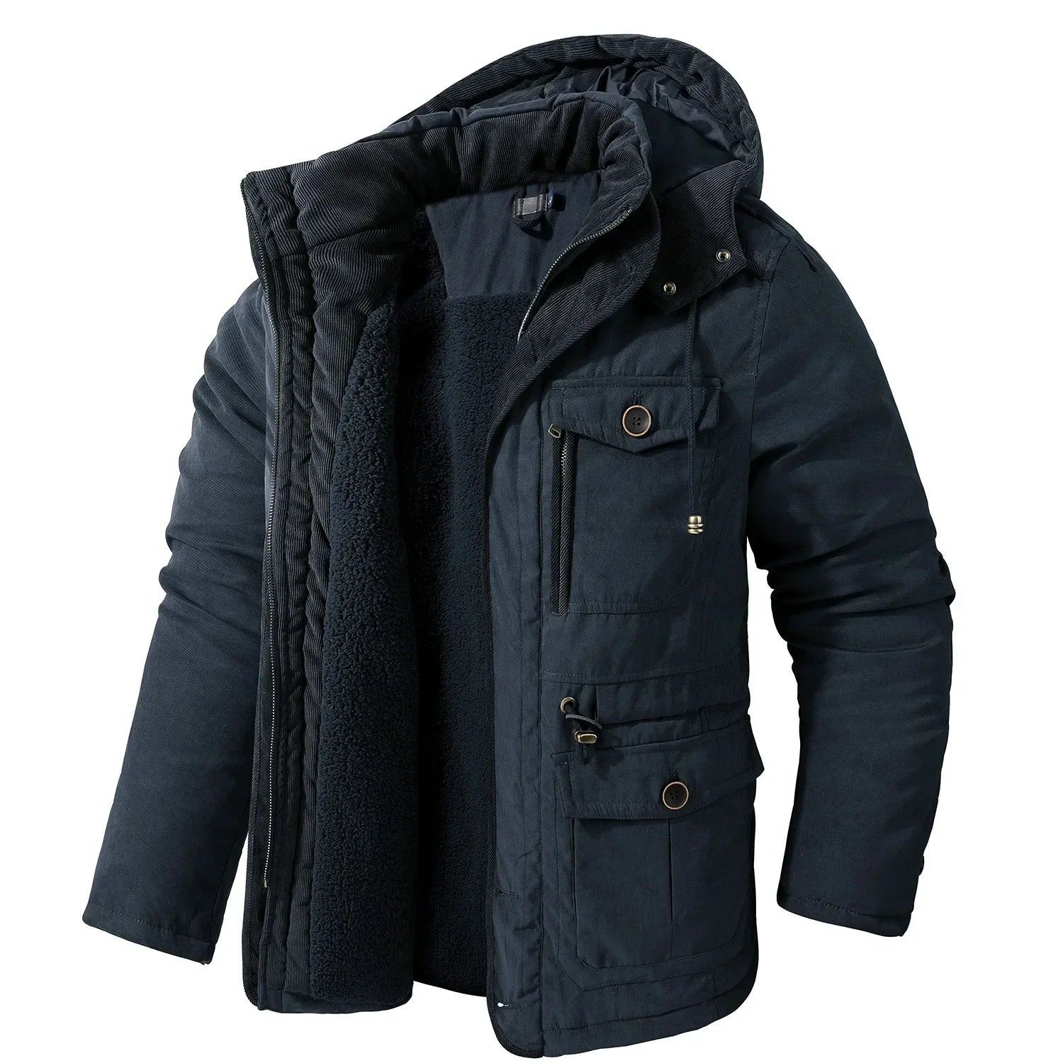 Olive sherpa-lined utility jacket with multiple pockets, relaxed outdoor fit for cold weather