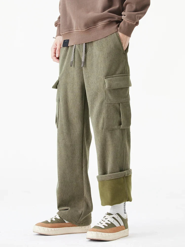 Men's brown corduroy fleece-lined cargo sweatpants relaxed fit with double-layer warmth