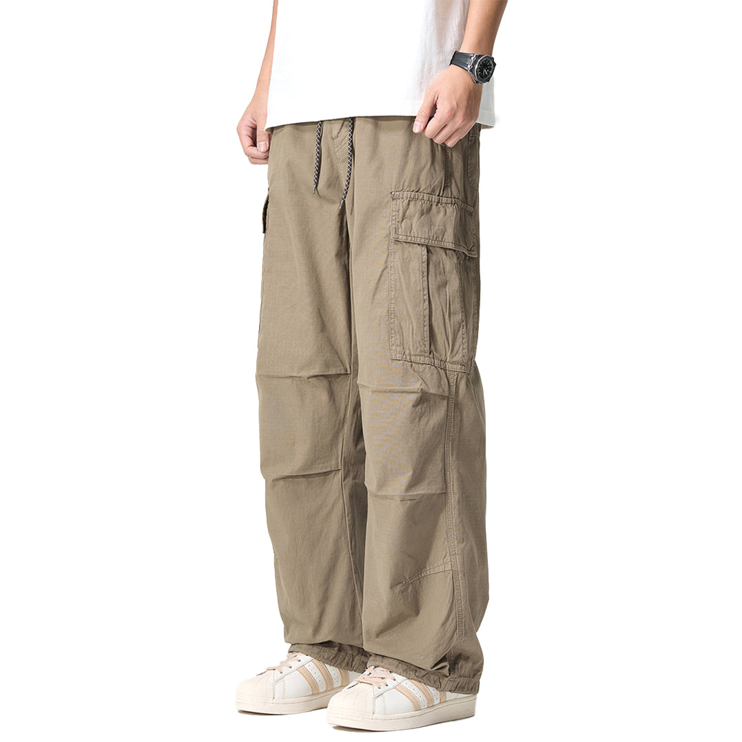 Men's khaki cargo pants relaxed fit breathable cotton drawstring waist multi-pocket active style