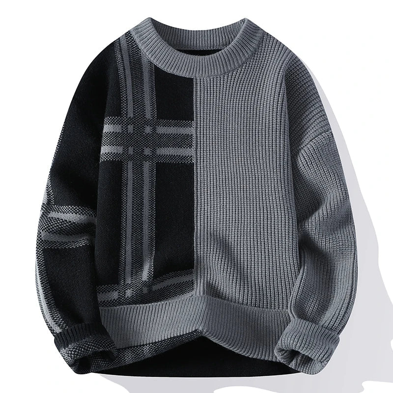 Men's colorblock crew neck sweater in navy and cream with contrasting knit panels for winter warmth