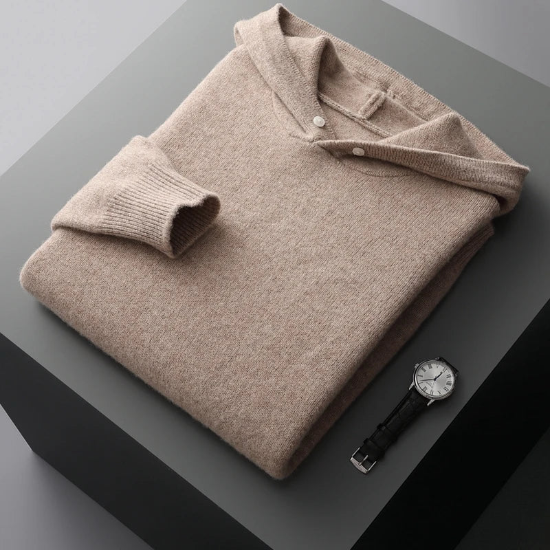 Men's relaxed fit wool hoodie in neutral tone with cozy hooded design for everyday casual wear