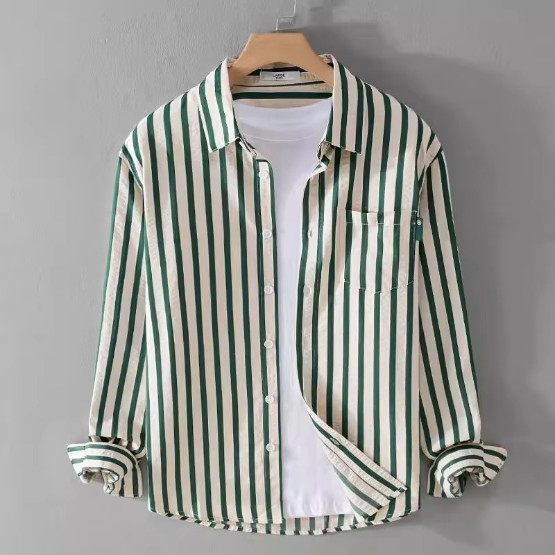 Men's loose fit striped salon coat long sleeve polyester-cotton blend for hairstylists