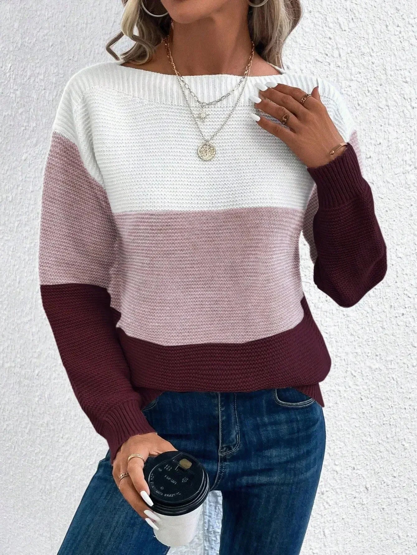 Women's ribbed color block cropped boat neck sweater with relaxed fit and knit texture