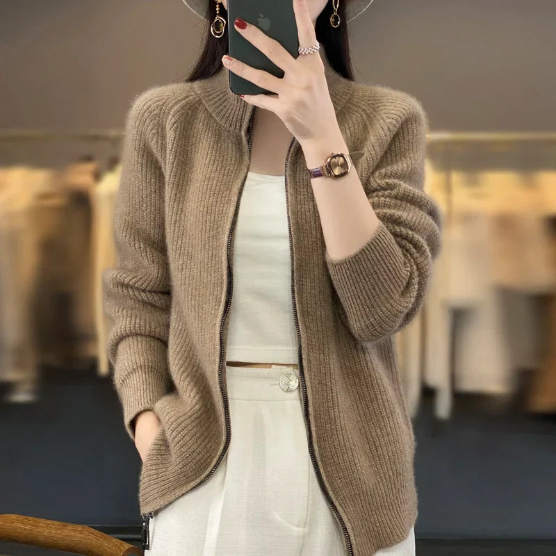 Women's pure wool zip-up jacket padded shoulders sleek zipper structured silhouette timeless style